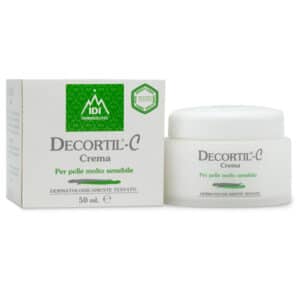Vasetto e confezione da 50 ml di Decortil C Crema di IDI Farmaceutici per pelle molto sensibile
