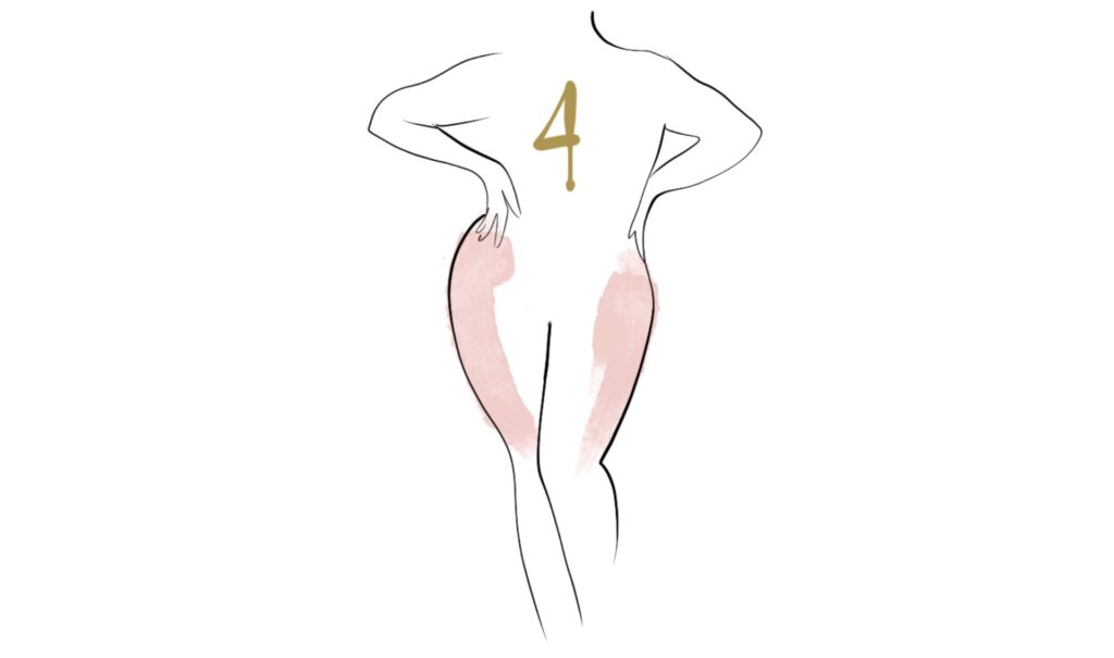 Silhouette di spalle con il numero 4 e cosce in rosa, pacchetto cellulite con mesoterapia strong e massaggio a Bergamo