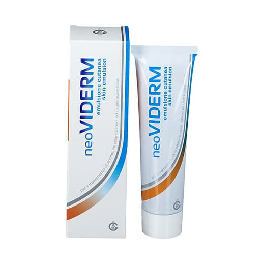 Tubo e astuccio di Neoviderm emulsione cutanea, indicata per scottature solari e ustioni superficiali