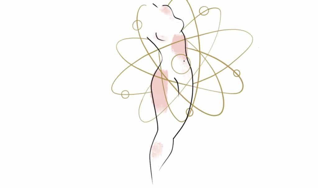 Silhouette femminile circondata da orbite dorate con le cosce in rosa, illustrazione della carbossiterapia a Bergamo