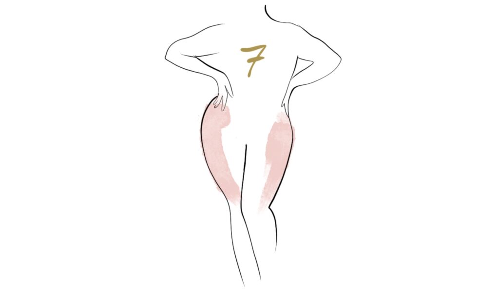Illustrazione di silhouette femminile con cosce evidenziate per il pacchetto cellulite 7 con carbossiterapia e massaggio