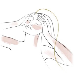 Donna stilizzata con le mani tra i capelli e zone rosa su viso e braccia, illustrazione della fototerapia ad Alta Clinic