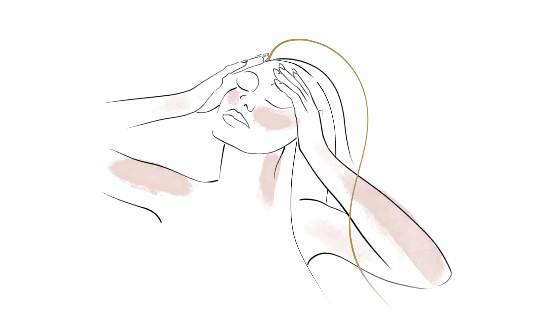 Donna stilizzata con le mani tra i capelli e zone rosa su viso e braccia, illustrazione della fototerapia ad Alta Clinic