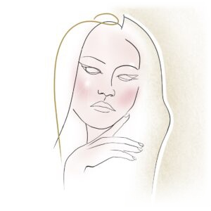 Volto femminile con guance rosate e mano sul collo, illustrazione del resurfacing con laser CO2 Pixel di Alta Clinic Bergamo