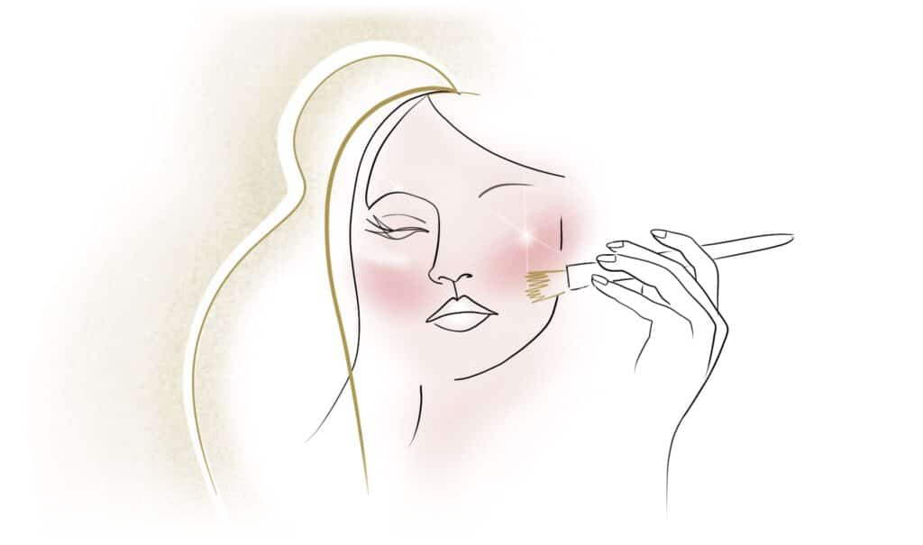 Donna stilizzata mentre applica un prodotto sulla guancia con un pennello, illustrazione del peeling viso a Bergamo