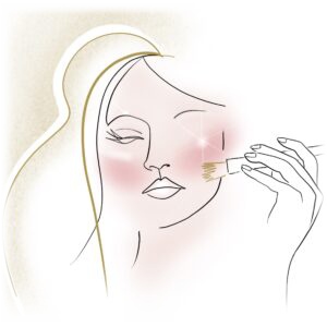 Donna stilizzata mentre applica un prodotto sulla guancia con un pennello, illustrazione del peeling viso a Bergamo