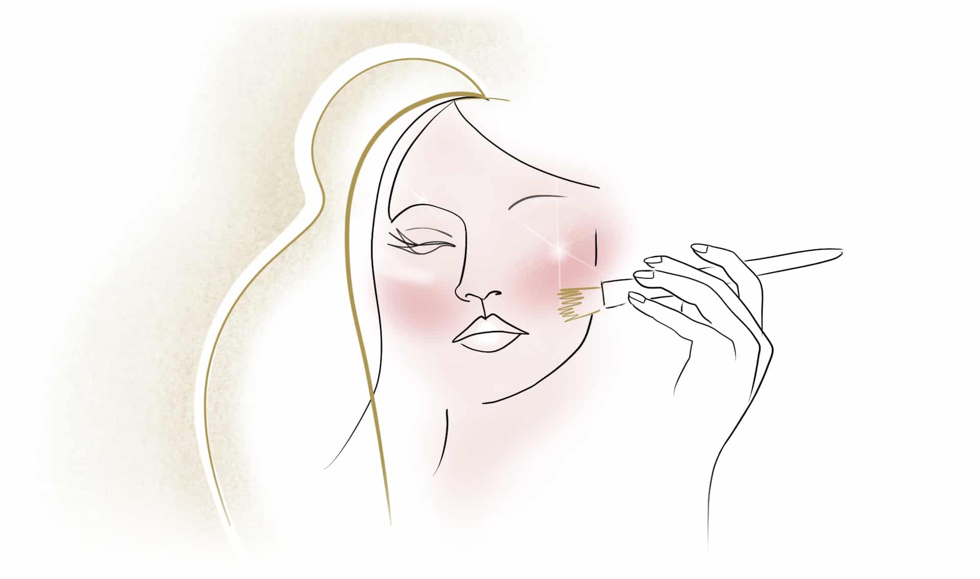 Donna stilizzata mentre applica un prodotto sulla guancia con un pennello, illustrazione del peeling viso a Bergamo