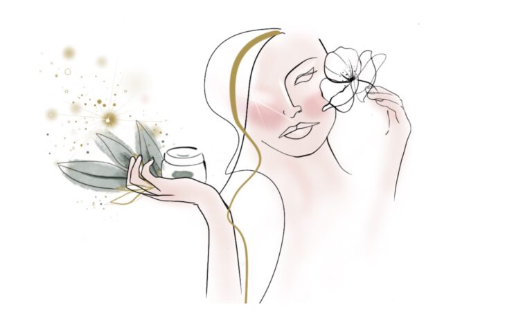 Donna con un fiore davanti all'occhio che regge un vasetto di crema tra le foglie, illustrazione dei cosmetici Alta Clinic