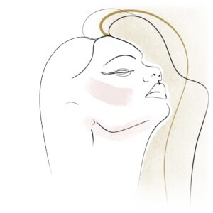 Volto di donna rivolto verso l'alto con zigomi rosati, illustrazione del rimodellamento di zigomi, mento e mandibola