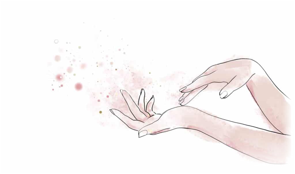Due mani femminili disegnate con sfumature rosa, illustrazione del trattamento di ringiovanimento mani ad Alta Clinic Bergamo