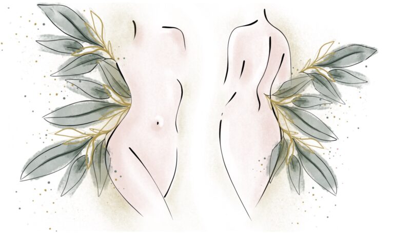 Due busti femminili con foglie e dettagli dorati, illustrazione dei percorsi corpo del centro Alta Clinic