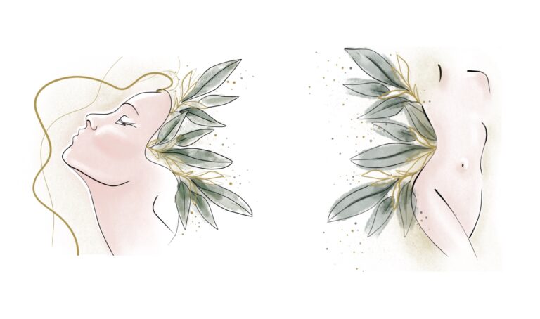 Profilo femminile e silhouette del corpo tra foglie verdi, illustrazione dei percorsi di medicina estetica di Alta Clinic
