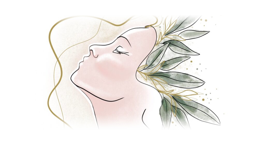 Volto di donna di profilo con foglie verdi e linea dorata, illustrazione dei trattamenti di medicina estetica per il viso