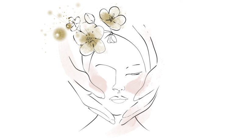 Volto femminile con fiori tra i capelli e mani sulle guance, illustrazione del massaggio Kobido e Miracle Face di Alta Clinic