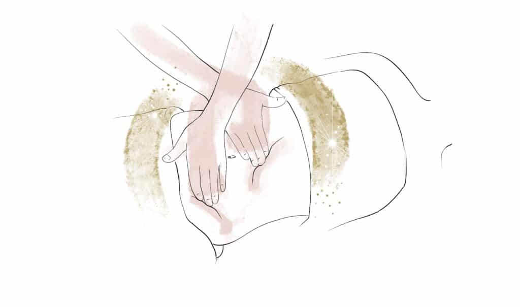 Disegno di mani che eseguono un massaggio con riflessi dorati, grafica per i massaggi Metodo Renata França a Bergamo