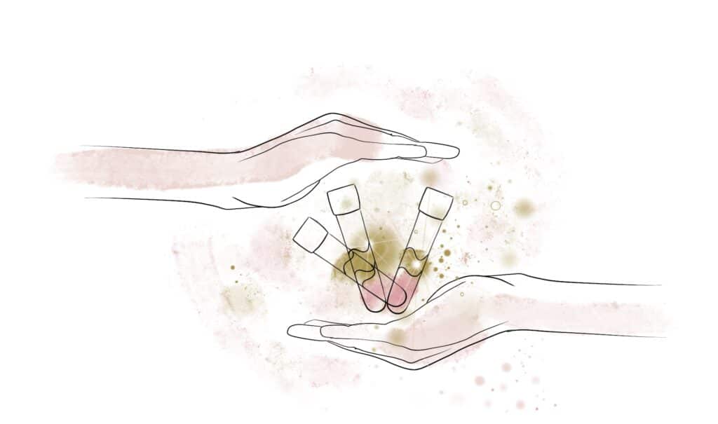 Illustrazione di mani che sorreggono provette di sangue, simbolo del PRP e della rigenerazione tissutale autologa a Bergamo
