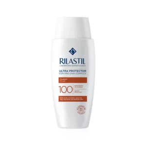 Flacone bianco e arancione del fluido protettivo Rilastil Ultra Protector 100 da 75 ml su sfondo bianco