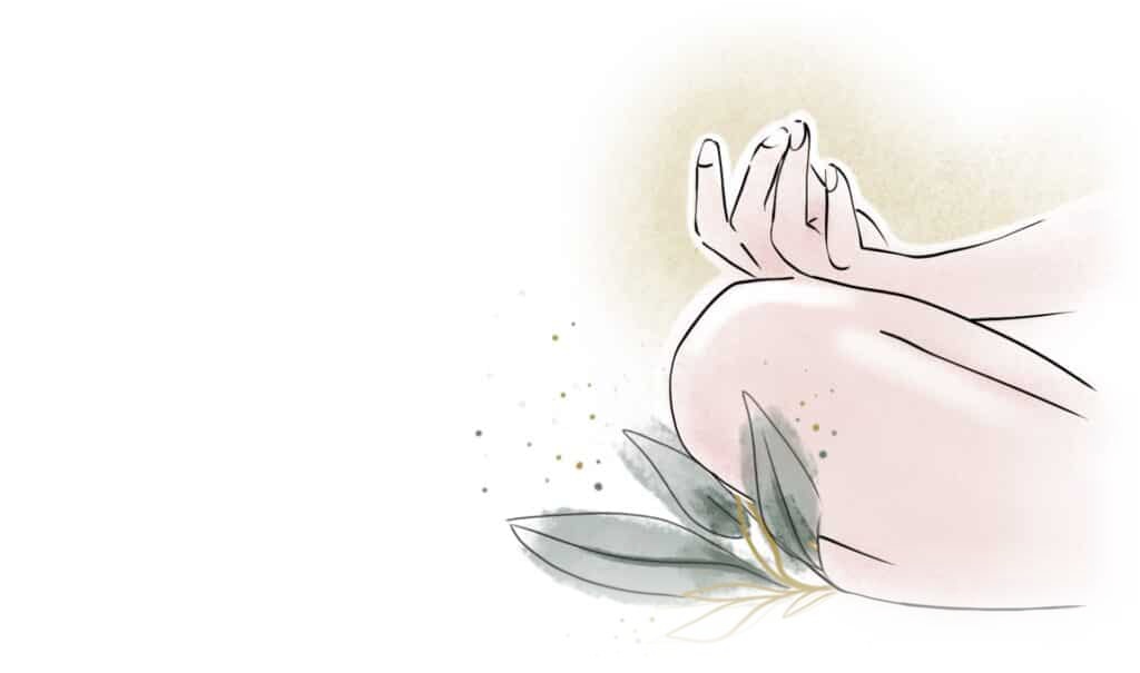 Disegno di mani intrecciate su un ginocchio con rametti di foglie, grafica per i trattamenti benessere di Alta Clinic Bergamo