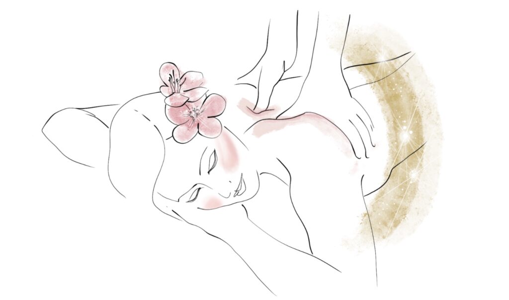 Illustrazione di una donna distesa con fiori tra i capelli che riceve un massaggio rilassante a collo e spalle