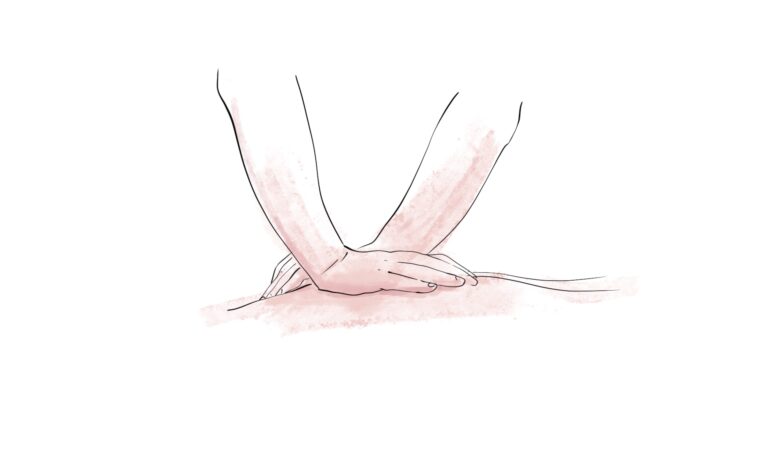 Disegno ad acquerello di due mani che eseguono un massaggio terapeutico sulla schiena, servizio benessere di Alta Clinic