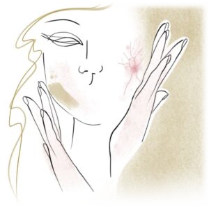 Volto femminile illustrato con mani sulle guance e piccole macchie evidenziate, trattamento laser vascolare a Bergamo