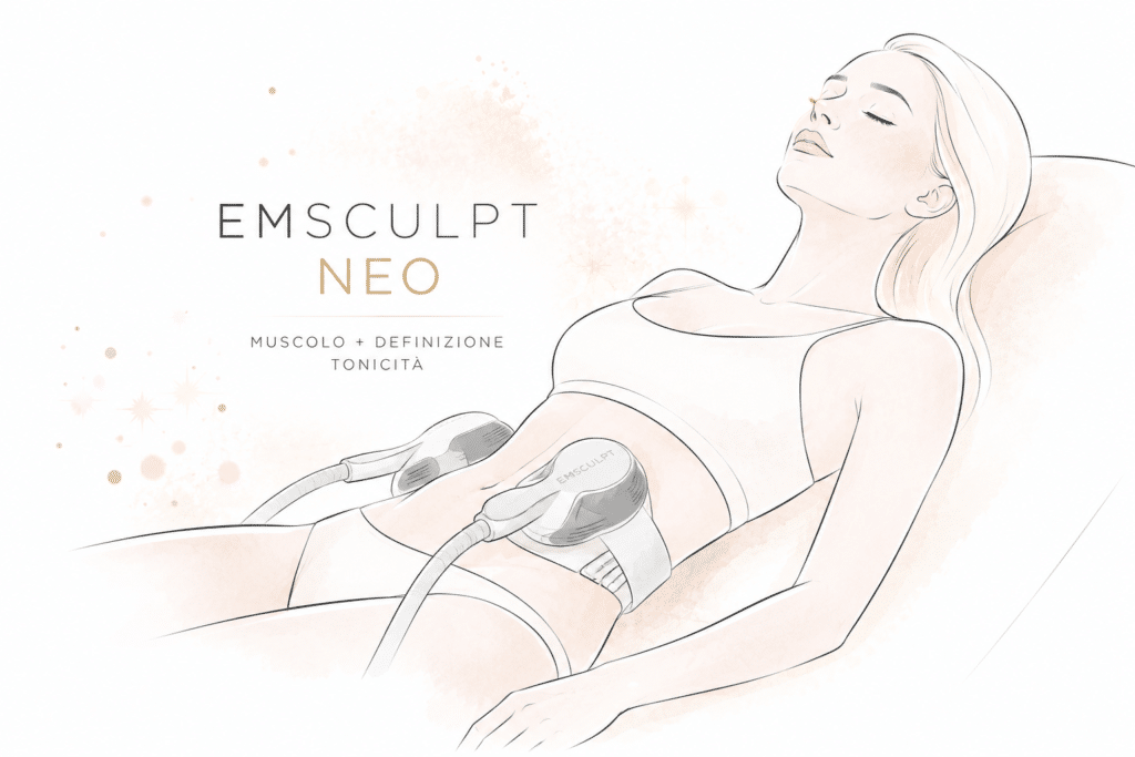 Donna illustrata sdraiata con applicatori Emsculpt Neo sull'addome e la scritta muscolo, definizione e tonicità
