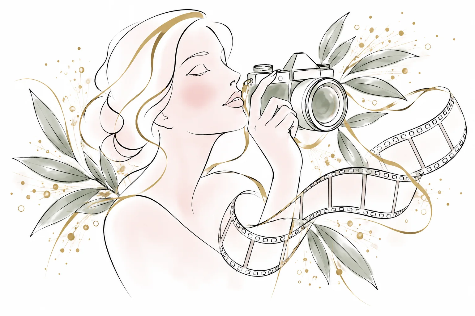 Illustrazione di una figura femminile con macchina fotografica, pellicola e dettagli botanici