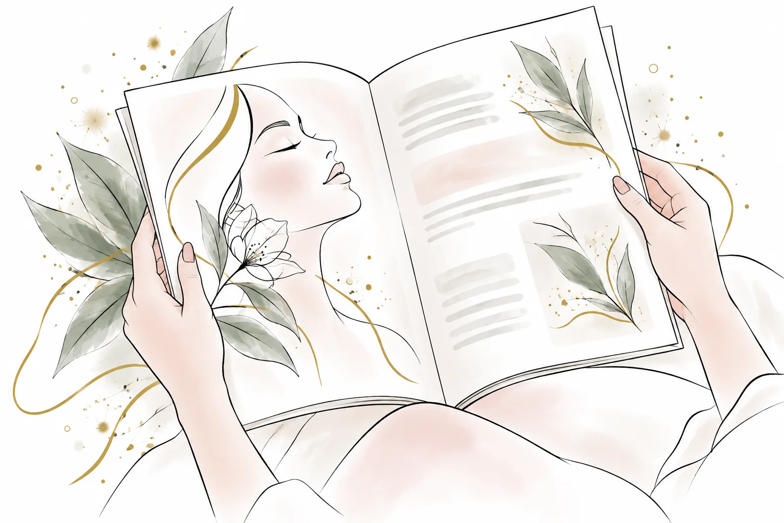 Illustrazione di mani che sfogliano una rivista dedicata al benessere, con un profilo femminile e foglie